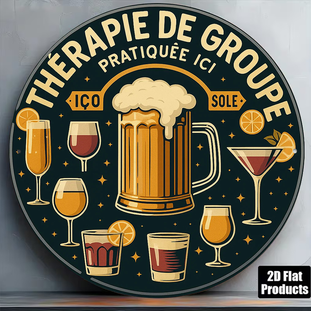 Beer And Wine Quote - ป้ายโลหะวินเทจทรงกลมแบน 2 มิติ ลายคำคมภาษาฝรั่งเศส ไวน์ เบียร์
