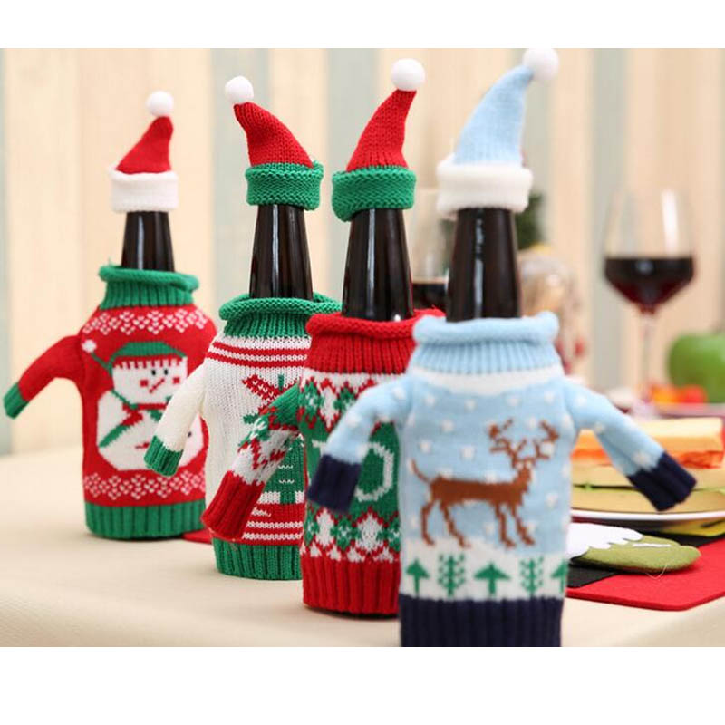 Wine N Beer - คริสต์มาสตกแต่งสีแดงไวน์เบียร์ถักเสื้อกันหนาวขวดชุดครอบครัวโรงแรมร้านอาหารใช้4ชิ้น/ล็อต