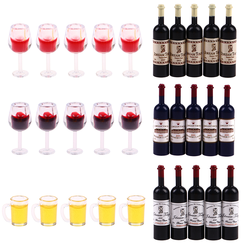 Wine Beer House - 【F】แฟชั่นใหม่คุณภาพสูง 5 ชิ้น 1:12 ตุ๊กตาจิ๋วถ้วยไวน์แก้วเบียร์ขวดไวน์รุ่นเฟอร์นิเจอร์ตกแต่งบ้านของเล่น